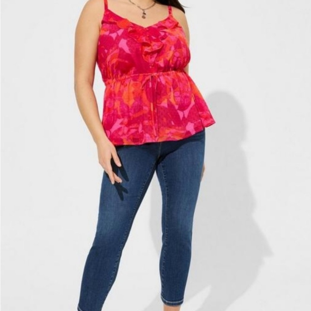 NWT Torrid Pink & Orange Floral Ruffle Drawstring Cami - Picture 3 of 6